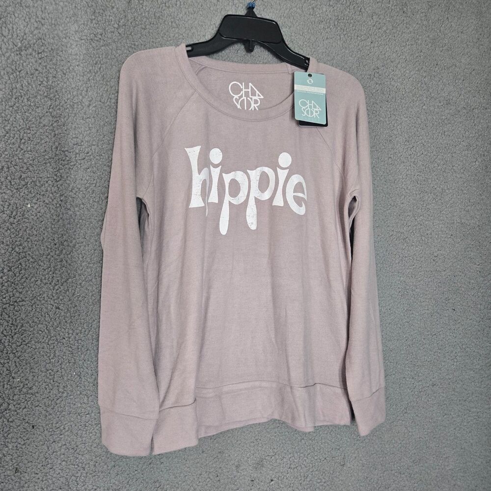 Chaser Hippie Graphic Pullover Sweatshirt Womens L Dusty Pink Raglan NWT Print